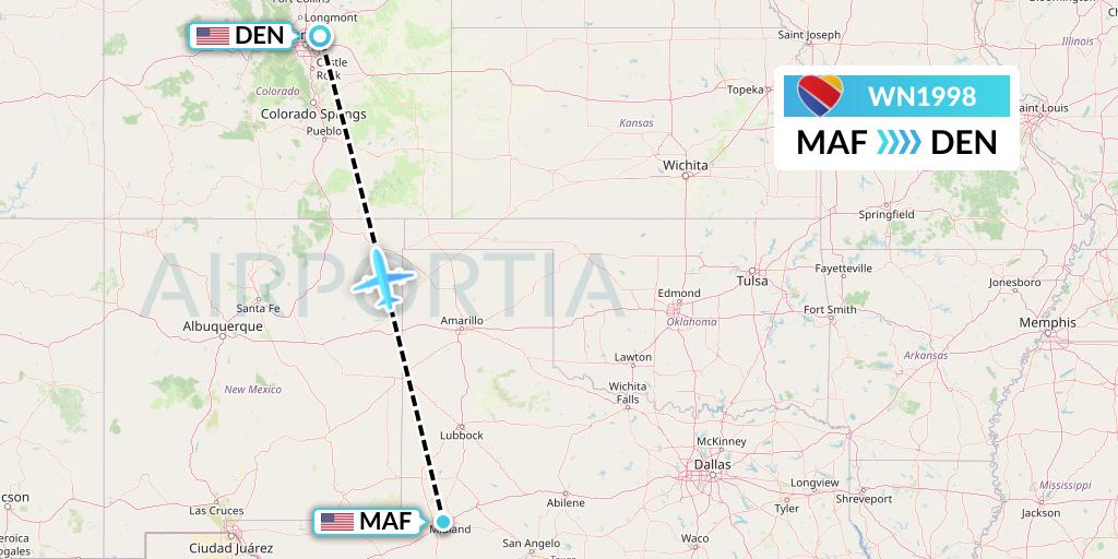 WN1998 Southwest Airlines Flight Map: Midland to Denver