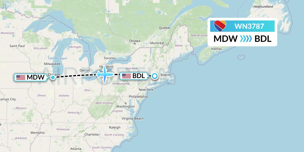 WN3787 Southwest Airlines Flight Map: Chicago to Windsor Locks