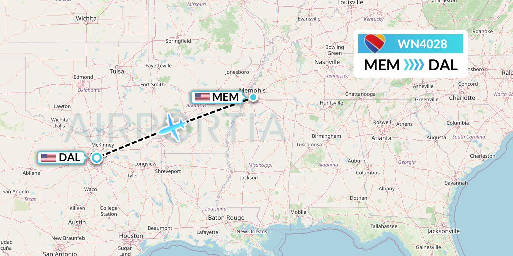 WN4028 Southwest Airlines Flight Map: Memphis to Dallas