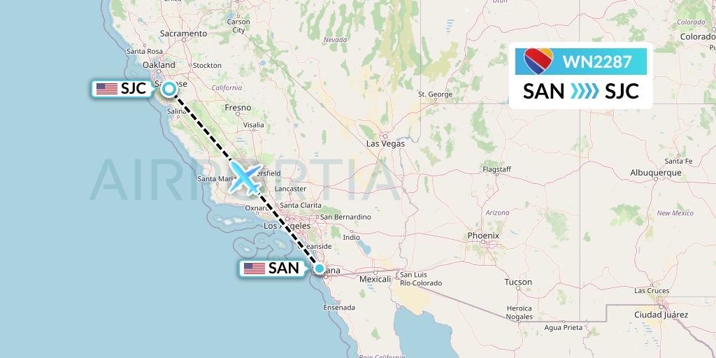 WN2287 Southwest Airlines Flight Map: San Diego to San Jose