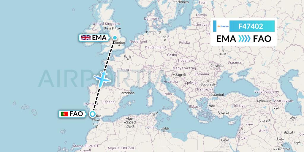 F47402 Air Flamenco Flight Map: East Midlands to Faro