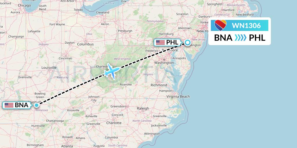 WN1306 Southwest Airlines Flight Map: Nashville to Philadelphia