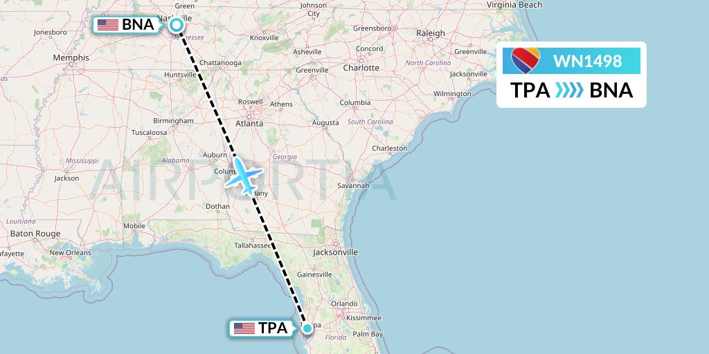 WN1498 Southwest Airlines Flight Map: Tampa to Nashville