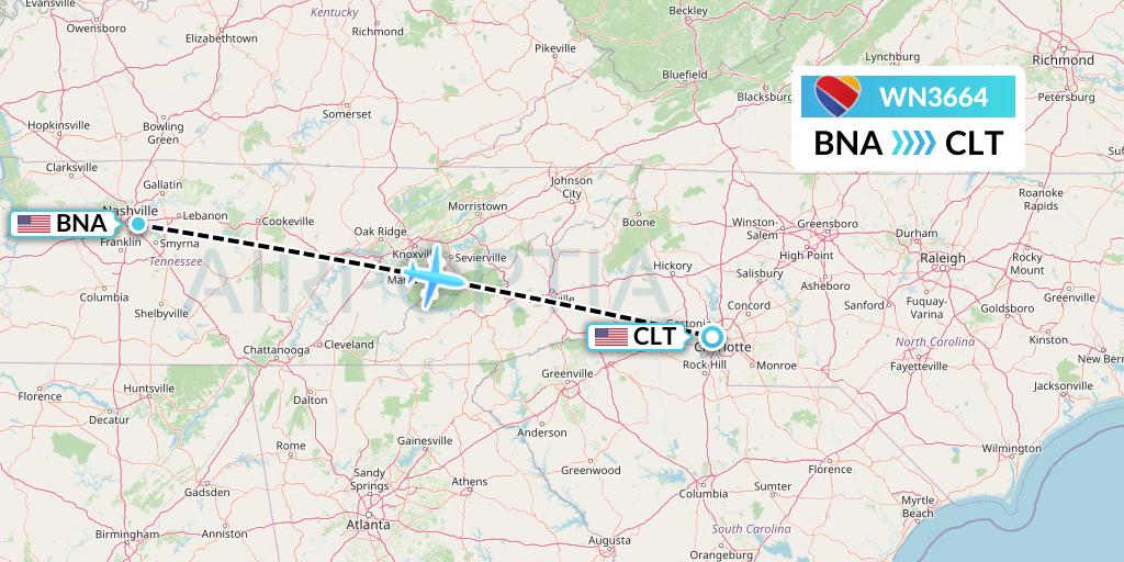 WN3664 Southwest Airlines Flight Map: Nashville to Charlotte