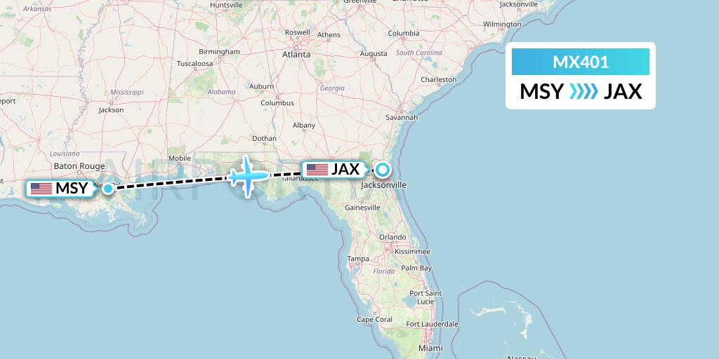 MX401 Breeze Airways Flight Map: New Orleans to Jacksonville