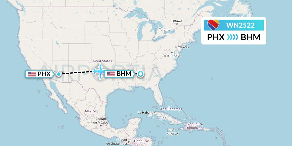 WN2522 Southwest Airlines Flight Map: Phoenix to Birmingham