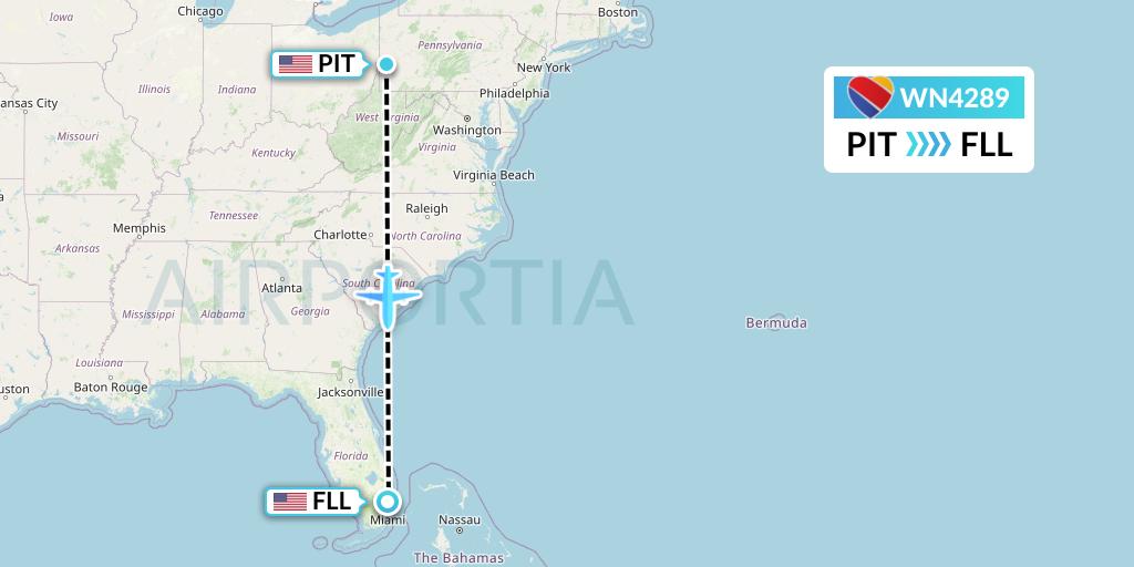 WN4289 Southwest Airlines Flight Map: Pittsburgh to Fort Lauderdale