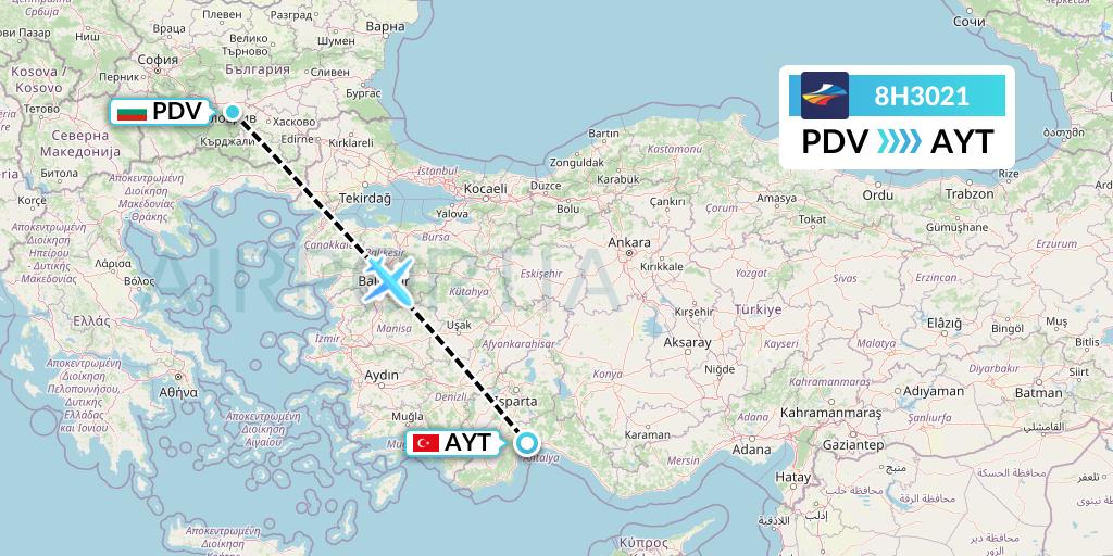 8H3021 BH Air Flight Map: Plovdiv to Antalya