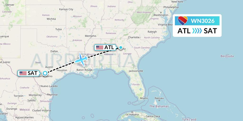 WN3026 Southwest Airlines Flight Map: Atlanta to San Antonio