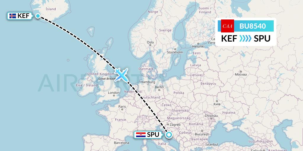 BU8540 flyCAA Flight Map: Reykjavik to Split