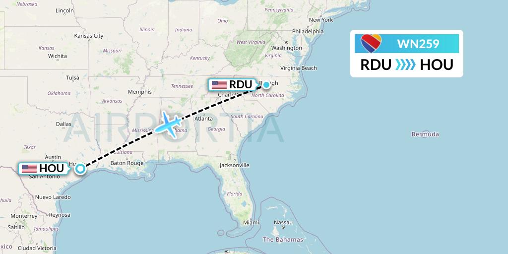 WN259 Southwest Airlines Flight Map: Raleigh-Durham to Houston
