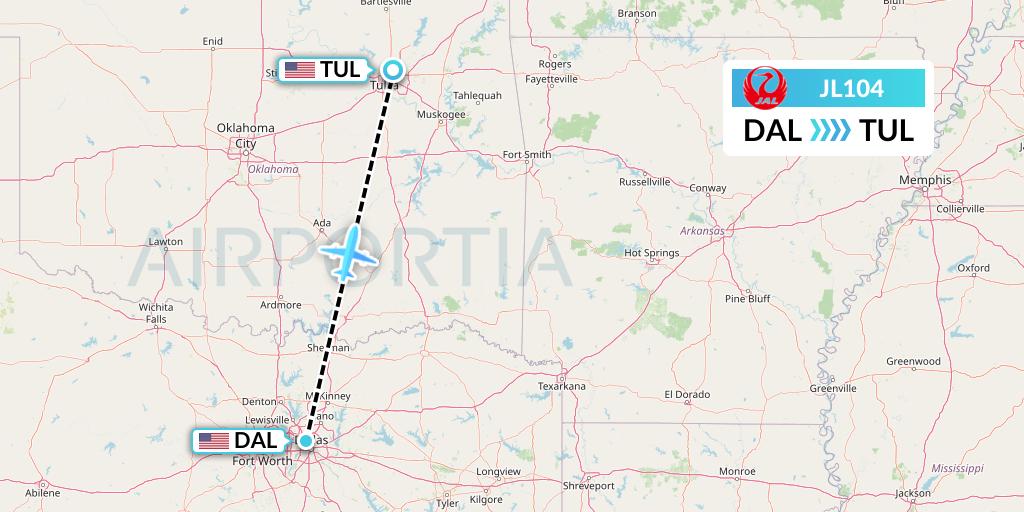 JL104 Japan Airlines Flight Map: Dallas to Tulsa