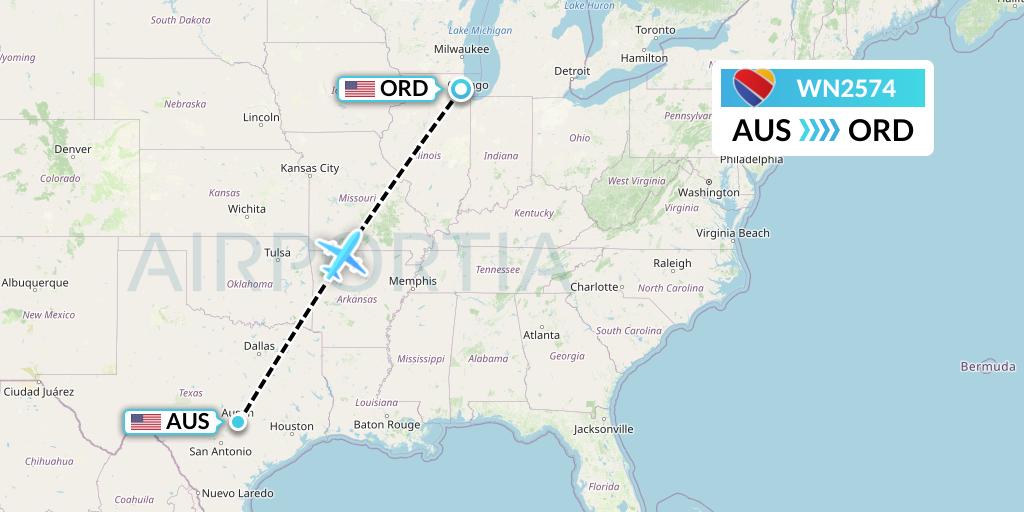 WN2574 Southwest Airlines Flight Map: Austin to Chicago