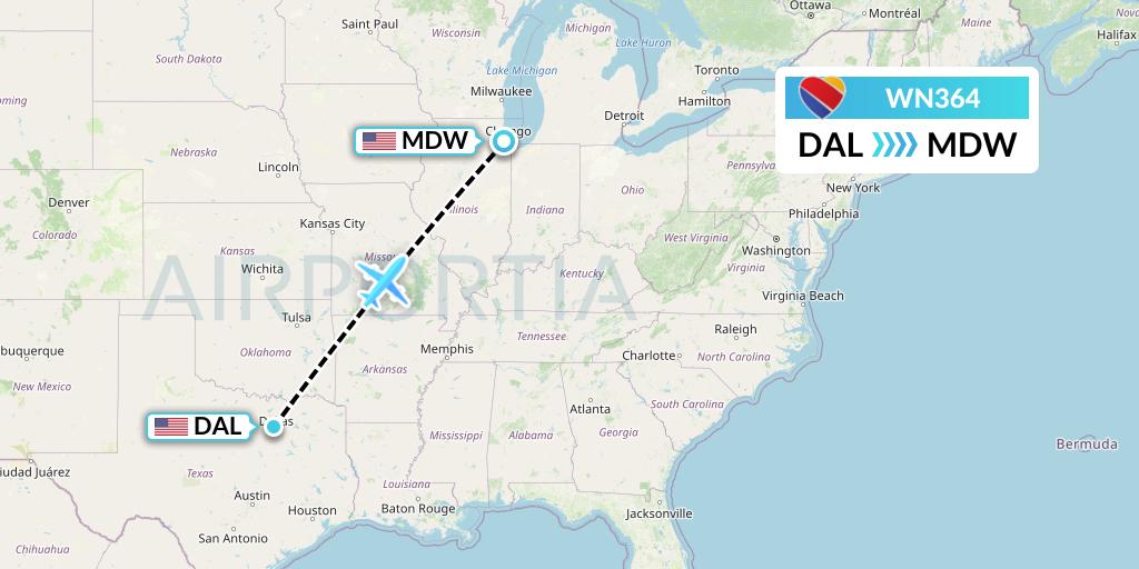 WN364 Southwest Airlines Flight Map: Dallas to Chicago