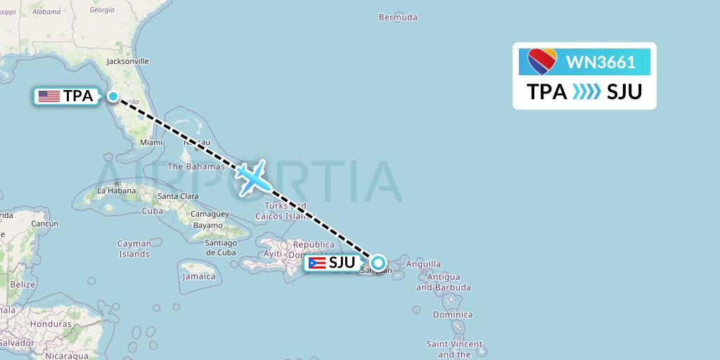 WN3661 Southwest Airlines Flight Map: Tampa to San Juan