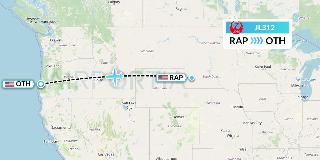 JL312 Japan Airlines Flight Map: Rapid City to North Bend