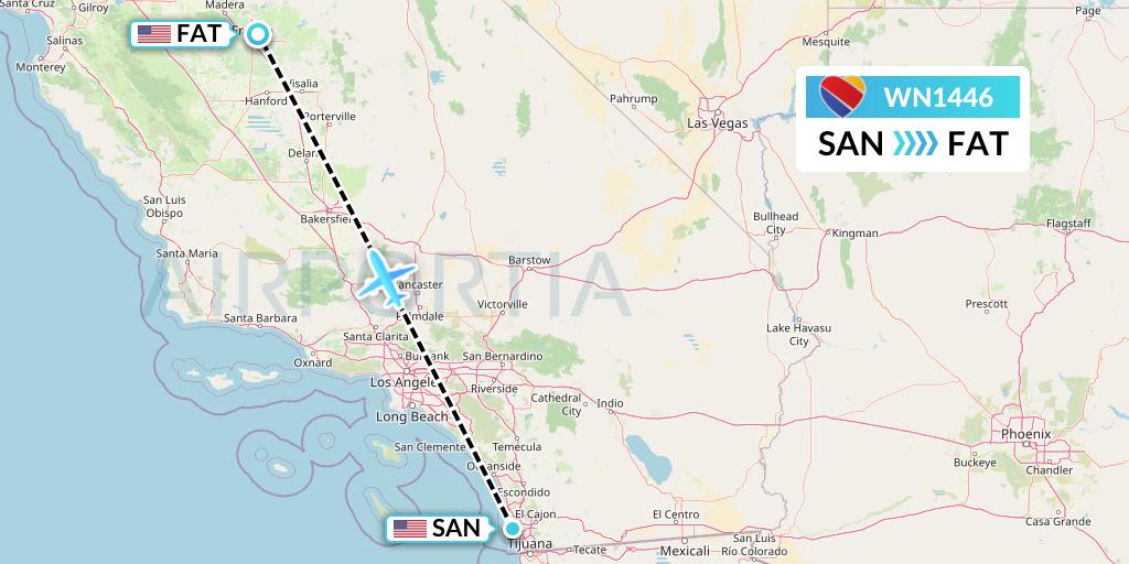 WN1446 Southwest Airlines Flight Map: San Diego to Fresno