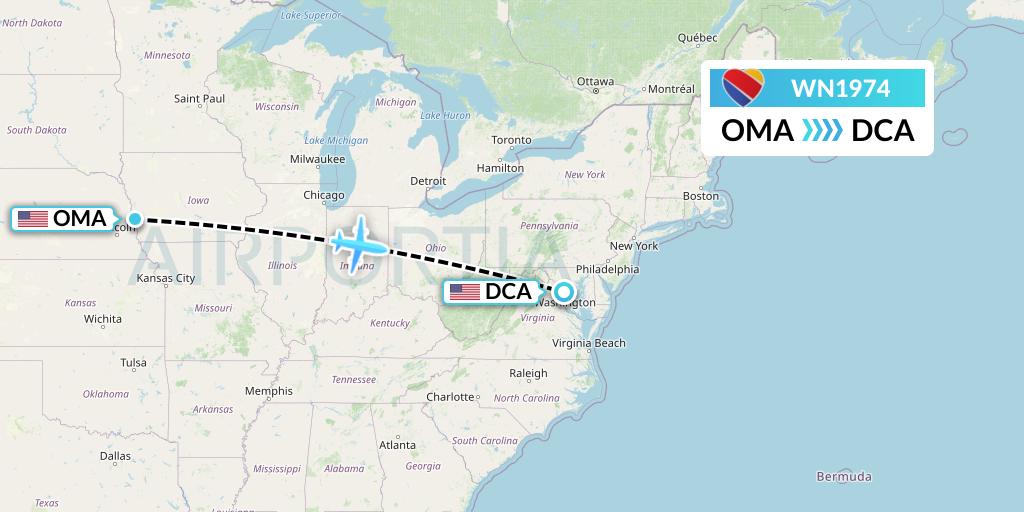 WN1974 Southwest Airlines Flight Map: Omaha to Washington