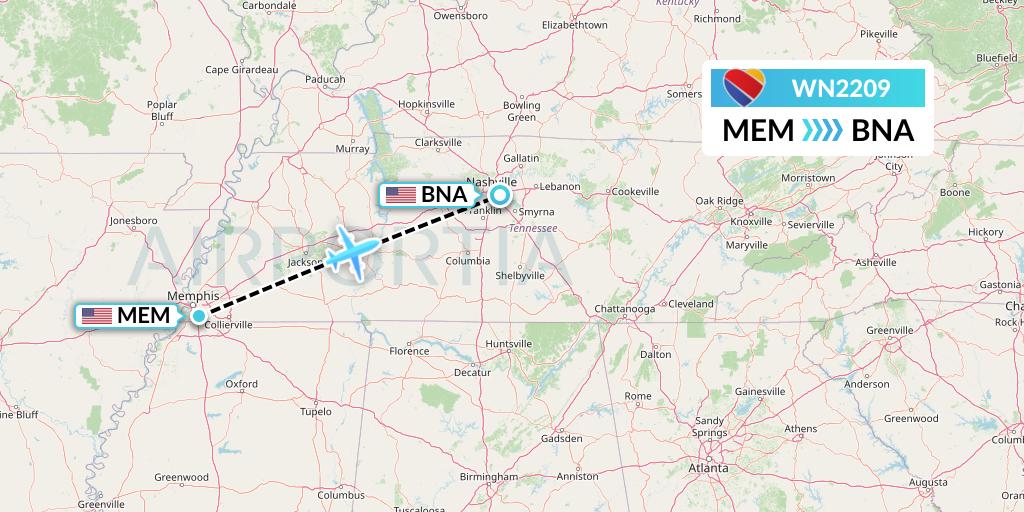 WN2209 Southwest Airlines Flight Map: Memphis to Nashville