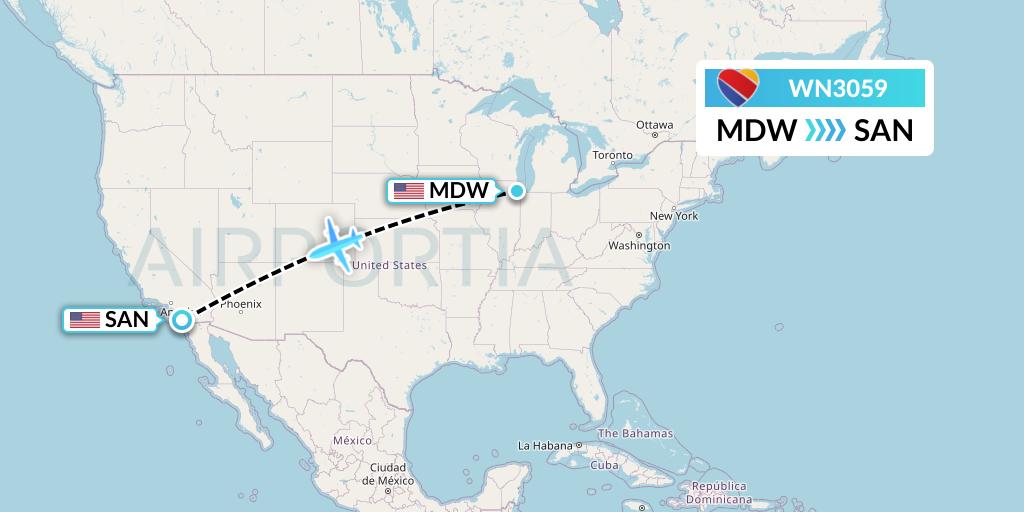 WN3059 Southwest Airlines Flight Map: Chicago to San Diego