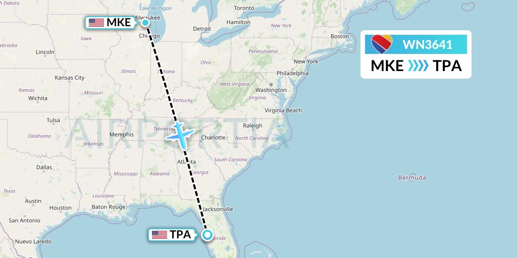 WN3641 Southwest Airlines Flight Map: Milwaukee to Tampa