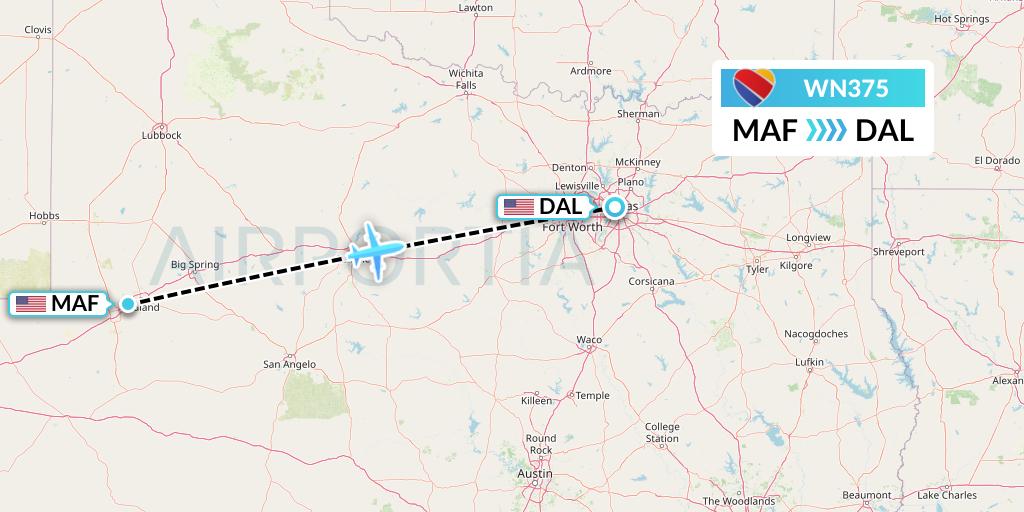 WN375 Southwest Airlines Flight Map: Midland to Dallas