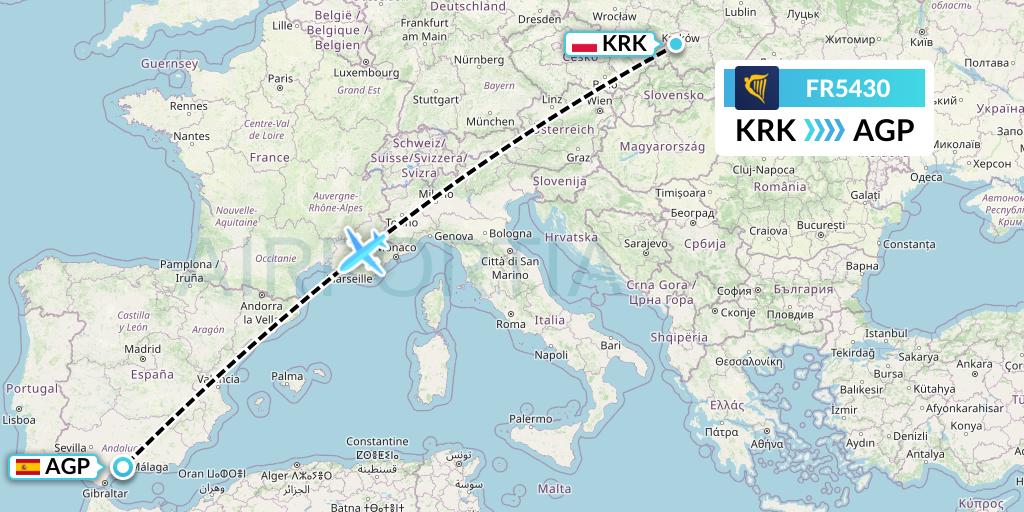 FR5430 Ryanair Flight Map: Krakow to Malaga