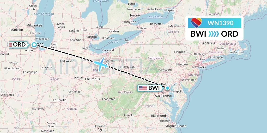 WN1390 Southwest Airlines Flight Map: Baltimore to Chicago