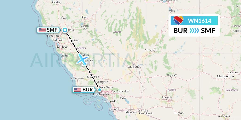 WN1614 Southwest Airlines Flight Map: Burbank to Sacramento