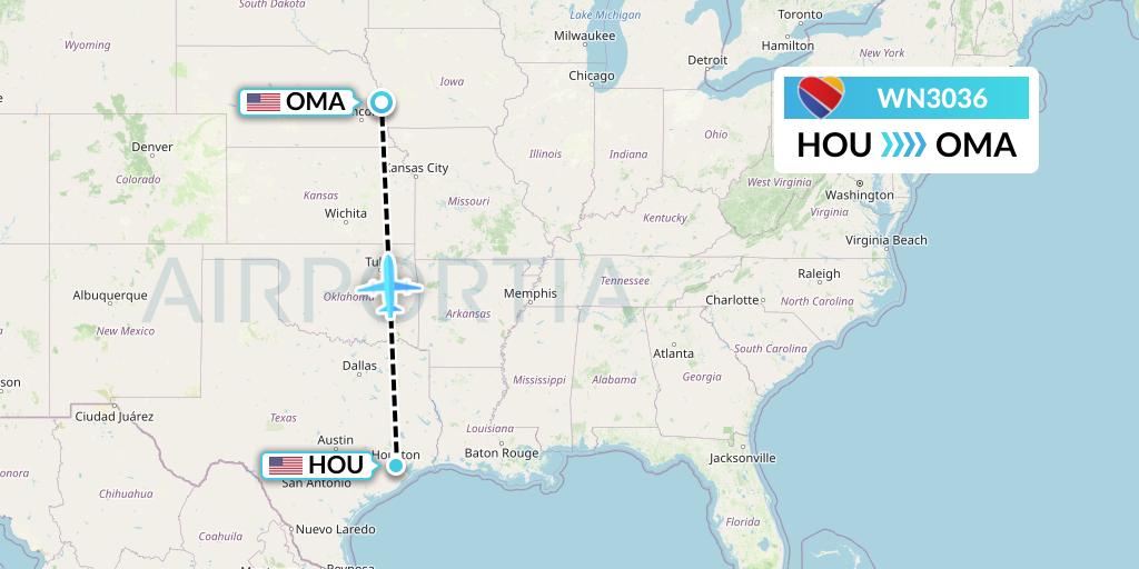 WN3036 Southwest Airlines Flight Map: Houston to Omaha