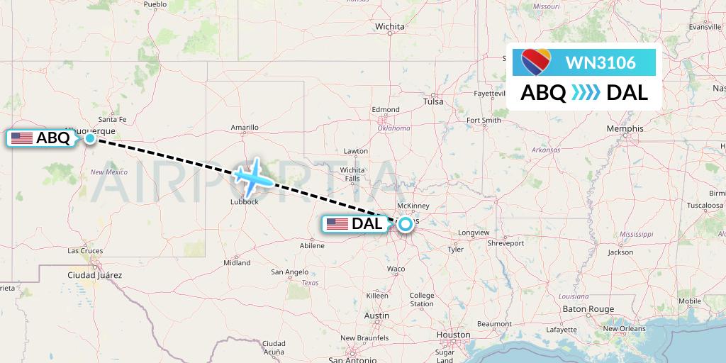 WN3106 Southwest Airlines Flight Map: Albuquerque to Dallas