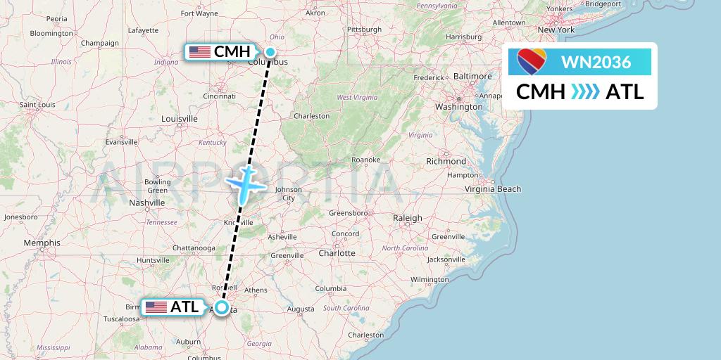 WN2036 Southwest Airlines Flight Map: Columbus to Atlanta