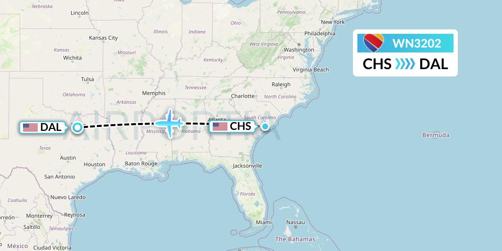 WN3202 Southwest Airlines Flight Map: Charleston to Dallas