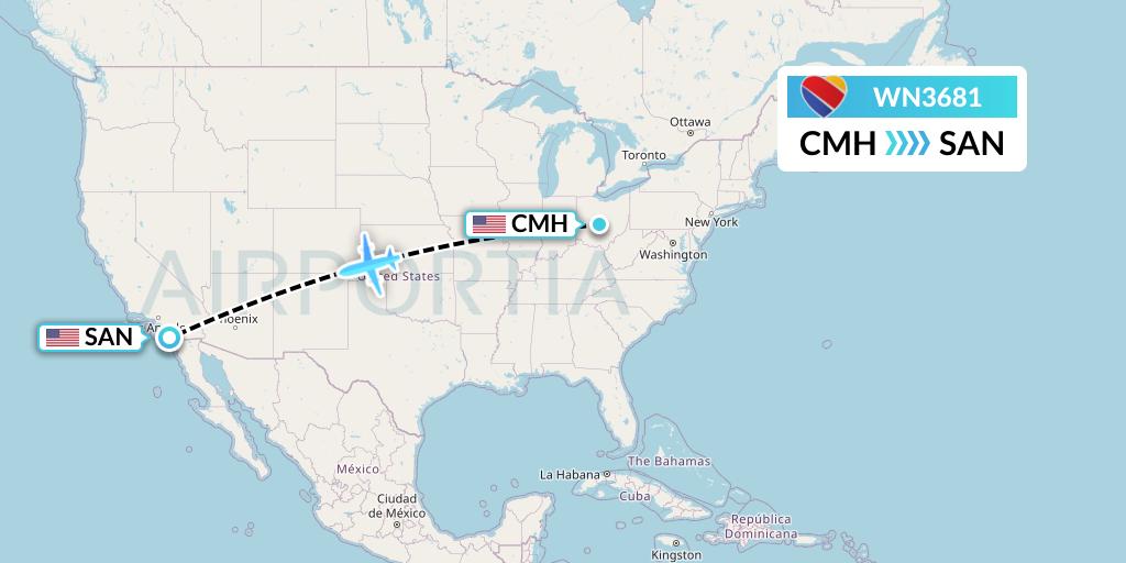 WN3681 Southwest Airlines Flight Map: Columbus to San Diego