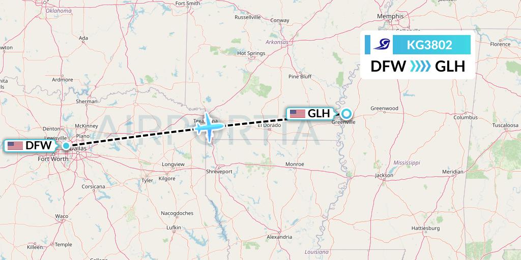 KG3802 Key Lime Air Flight Map: Dallas to Greenville