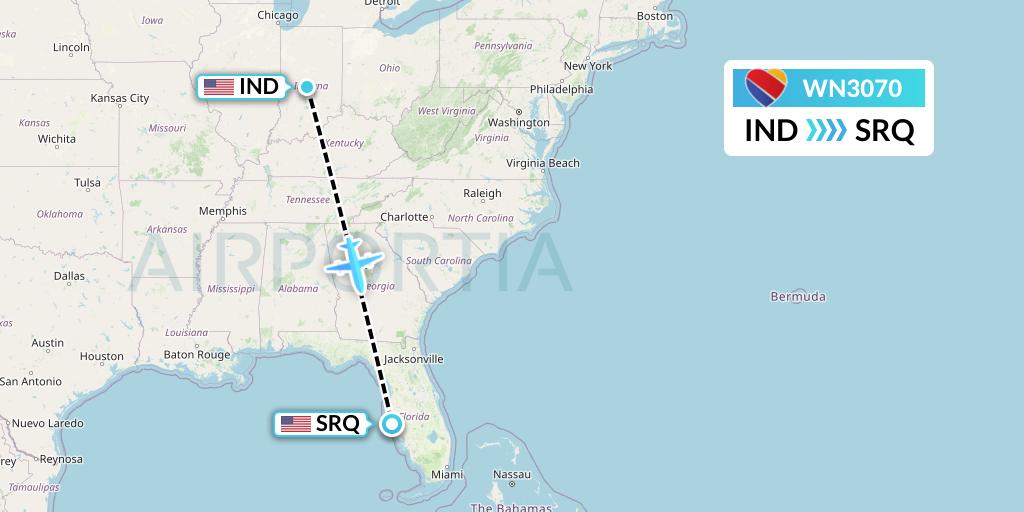 WN3070 Southwest Airlines Flight Map: Indianapolis to Sarasota