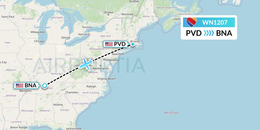 WN1207 Southwest Airlines Flight Map: Providence to Nashville