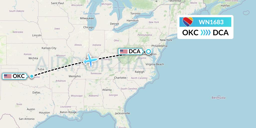 WN1683 Southwest Airlines Flight Map: Oklahoma City to Washington