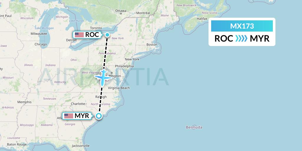 MX173 Breeze Airways Flight Map: Rochester to Myrtle Beach