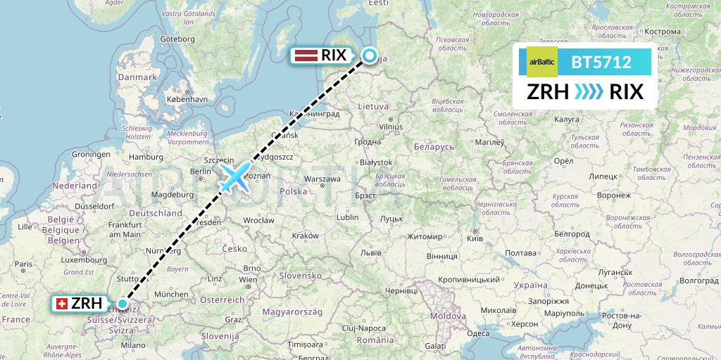 BT5712 Air Baltic Flight Map: Zurich to Riga