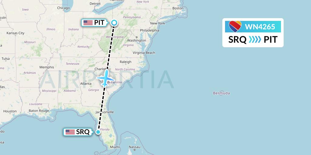 WN4265 Southwest Airlines Flight Map: Sarasota to Pittsburgh