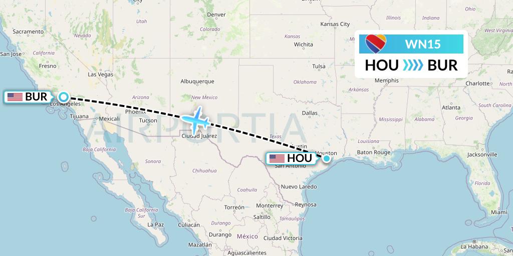 WN15 Southwest Airlines Flight Map: Houston to Burbank