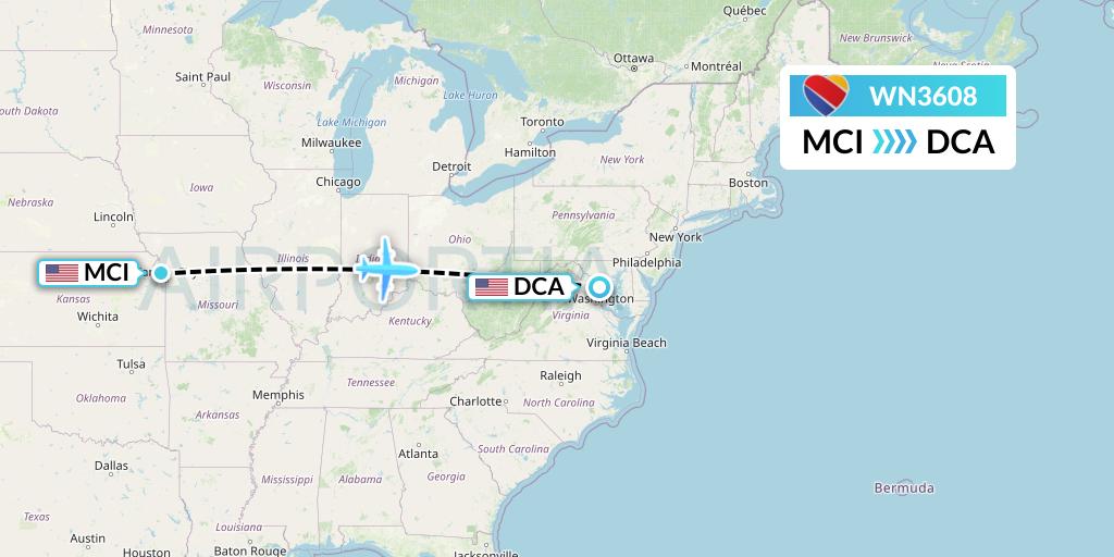 WN3608 Southwest Airlines Flight Map: Kansas City to Washington