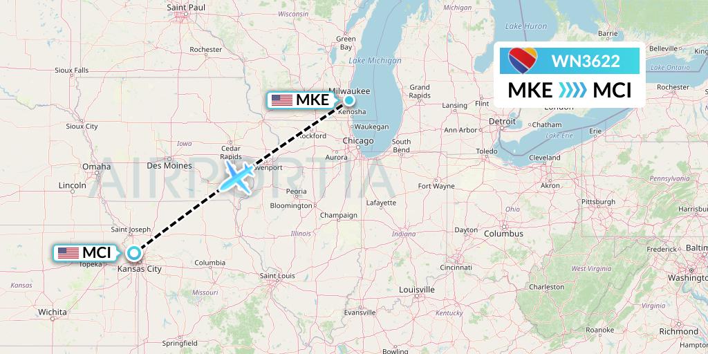 WN3622 Southwest Airlines Flight Map: Milwaukee to Kansas City