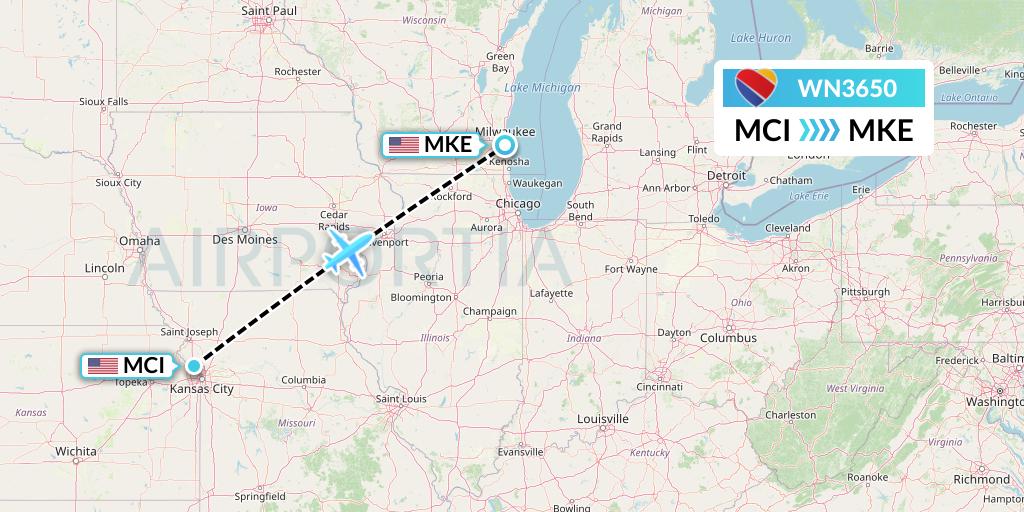 WN3650 Southwest Airlines Flight Map: Kansas City to Milwaukee