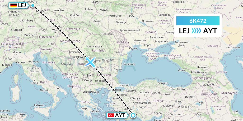 6K472 Songbird Airways Flight Map: Leipzig to Antalya