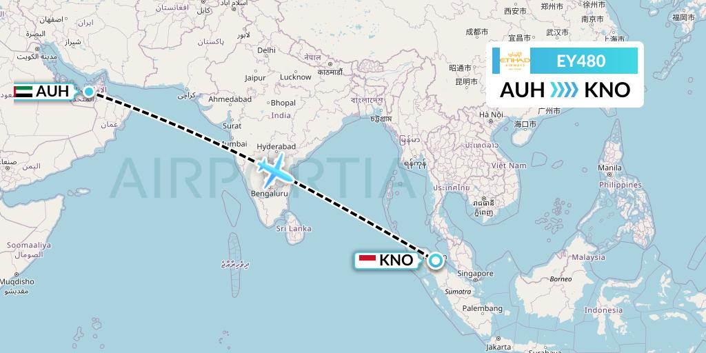 EY480 Etihad Airways Flight Map: Abu Dhabi to Medan