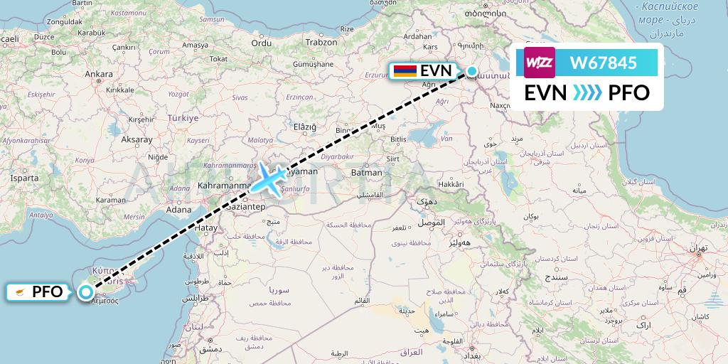 W67845 Wizz Air Flight Map: Yerevan to Pafos