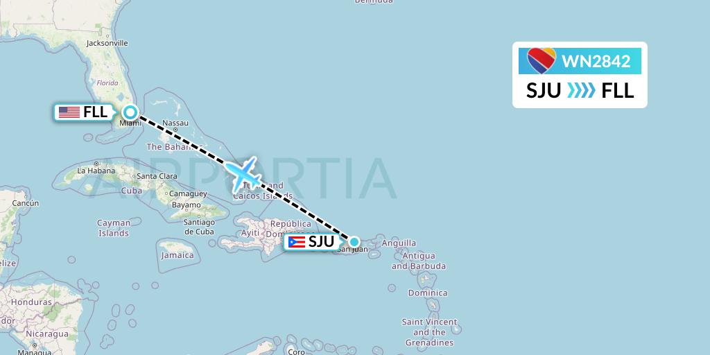 WN2842 Southwest Airlines Flight Map: San Juan to Fort Lauderdale