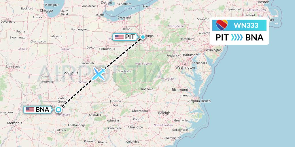 WN333 Southwest Airlines Flight Map: Pittsburgh to Nashville